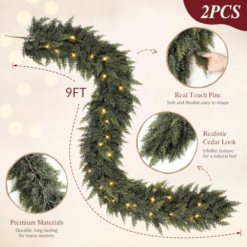 Shareconn 2-Pack 9FT Pre-Lit Cedar Christmas Garland with Lights, Mantel Decor