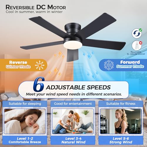 Ayaoty 48in Black Flush Mount Ceiling Fan with Lights, 6-Speed Dimmable Reversible Motor