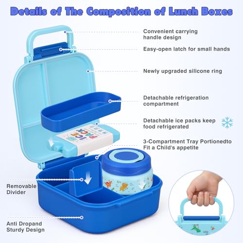Zeekala Kids Bento Lunch Box Set with Insulated Soup Thermo & Water Bottle - Blue Dinosaur