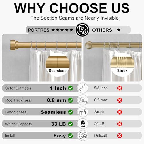 PORTRES Gold Adjustable Curtain Rod Set of 2 for Windows 16-60 Inches Heavy Duty Farmhouse Design