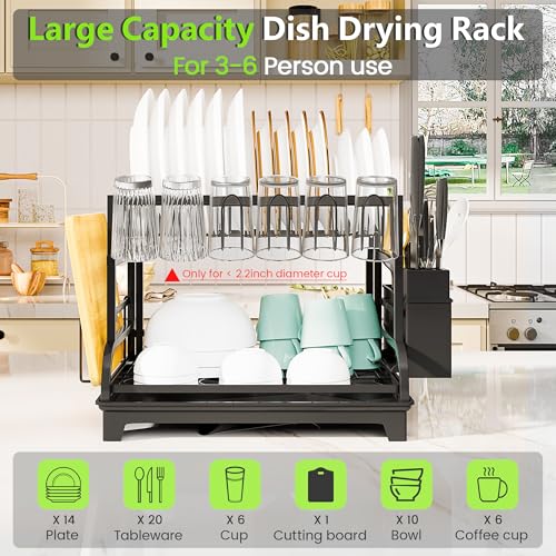 Foldable 2-Tier Dish Drying Rack with Drainboard - Black Kitchen Organizer