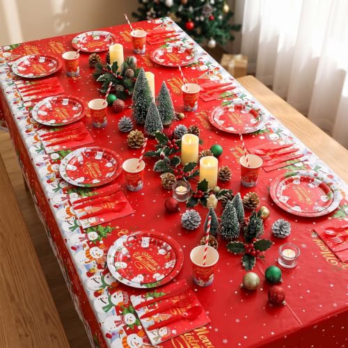 Ceenna 452 Pcs Christmas Tableware Set Red Gold - Snowman Theme, 50 Guests, Includes Plates Cups Napkins Cutlery & Tablecloths ( variation: Red Gold / Christmas )