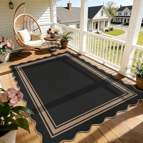5x7 Rectangular Scalloped Jute Outdoor Rug - Black, Washable Patio Rug
