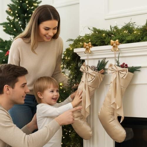 Seematn 2 Pcs 18" Deluxe Satin Champagne Gold Christmas Stocking with Bow - Champagne Gold