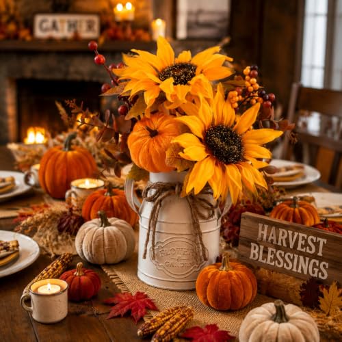 Brown Fall Thanksgiving Centerpiece with Faux Floral and Pumpkin - 13 Inch