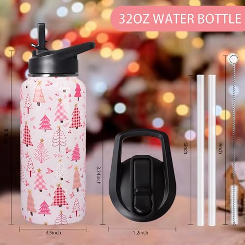 TWBDMKC 32oz Christmas Tree Insulated Water Bottle with Straw - Pink, Gift for Women