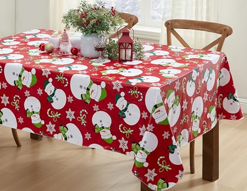 Newbridge 70 x 52 Inch Christmas Red Snowman Tablecloth with Flannel Backing