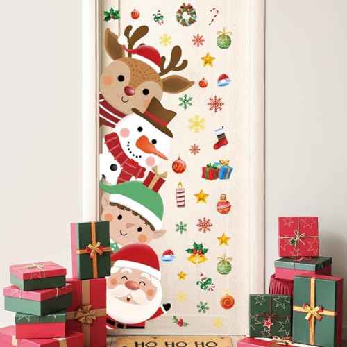 44.88 x 15.75 Inch Christmas Door Decals Christmas Santa Claus Elk Snowman Door Sticker Decor for Holiday Christmas Kids Baby Nursery Playroom Bedroom Classroom Kindergarten Holiday Wall Decor