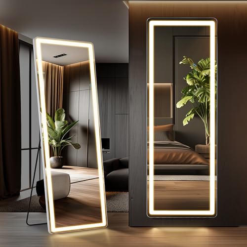 LED Full Length Standing Mirror 64" x 21" with Three Color Modes - White LED Arched Floor Mirror