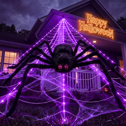 Halloween Decorations Spider Web Lights - Purple 16.4Ft LED Light Up Web & Lifelike Spider