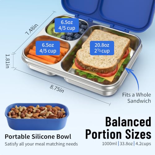 LOHASOK Stainless Steel Lunch Box 34oz Blue Kids Safe Food-Grade Container