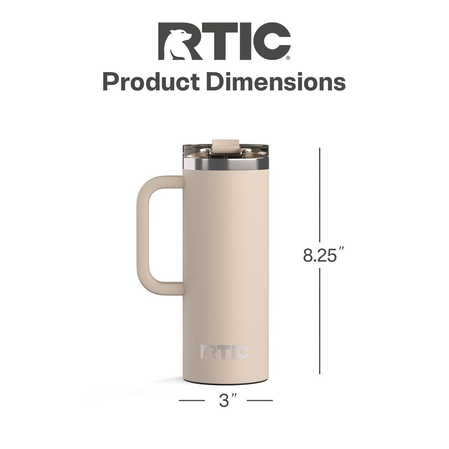 RTIC 20oz Road Trip Travel Mug with Lid and Handle, Ceramic Lined, Insulated, Stainless Steel, Metal, Double Wall Vacuum-Insulation, Portable Coffee, Tea Cup for Hot and Cold Drink, Beach