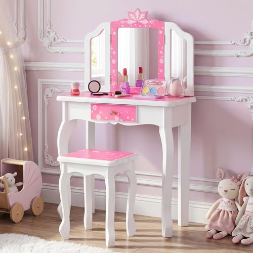 Pink Kids Vanity Set with Wooden Makeup Table & Stool, Tri-Folding Mirror, Large Drawer, Safe Sturdy Frame, Gift for Girls
