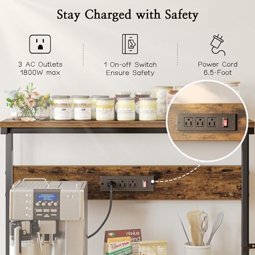 Bakers Rack with Power Outlets and Adjustable Shelves - Rustic Brown 31.5 Inch