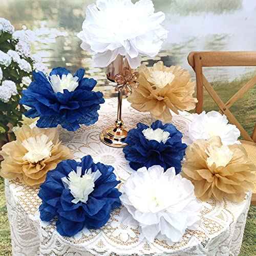 Mybbshower 12 PCS Navy Blue Gold Tissue Paper Flowers for Birthday Baby Bridal Shower Wedding Bachelorette Navy Blue Anniversary Party Decorations 10"-6"