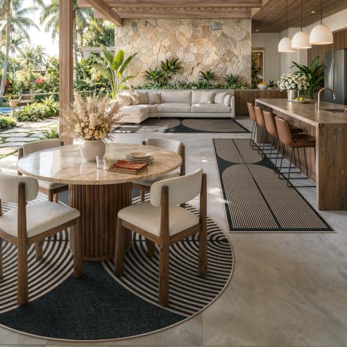 6ft Round Rainbow Rug - Modern Easy Jute Look Outdoor & Indoor Carpet - Charcoal Black Variation
