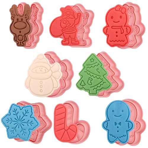 (Set of 8) Christmas Cookie Cutters with Plunger Stamps Set, Gingerbread Boy/Girl Snowman Santa Claus Snowflake Christmas Tree Reindeer Cookie Cutters