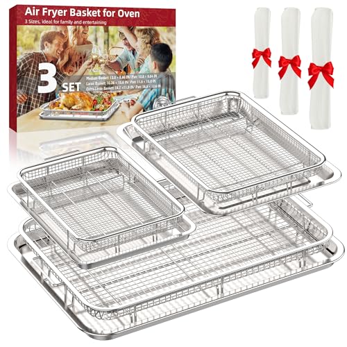 OPENICE 3-Piece Oven Air Fryer Basket and Tray Set with Parchment Paper, 12.8x9.6, 15.6x11.6, 18.7x12.8 Inches