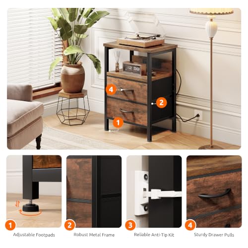 Lazzanto Rustic Brown Nightstand with Charging Station, 2 Drawers