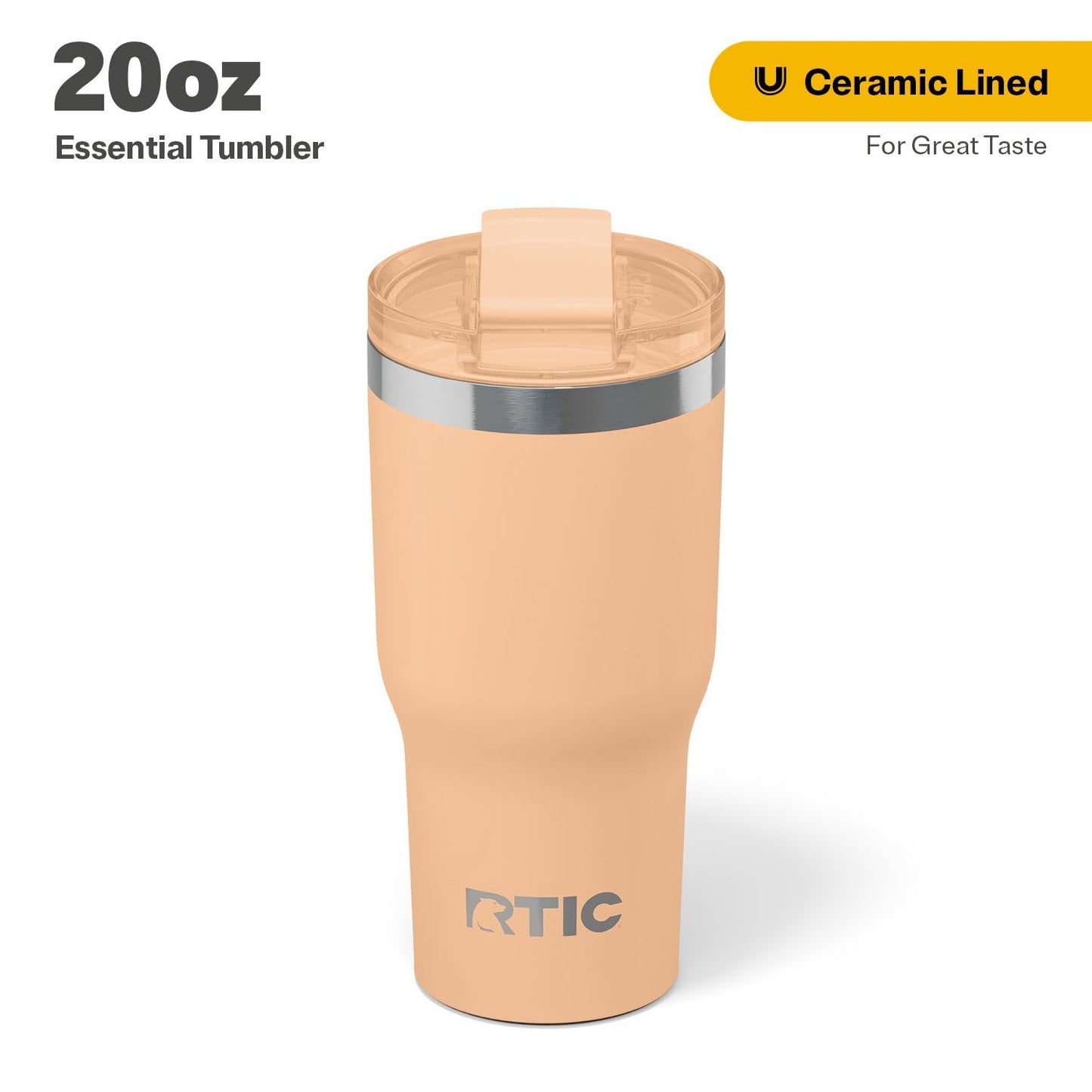 RTIC 20oz Essential Tumbler with Lid, Ceramic Lined, Insulated, Stainless Steel, Metal, Double Wall Vacuum-Insulation, Travel Cup for Iced Coffee, Tea, Hot and Cold Drink, Peach Tea