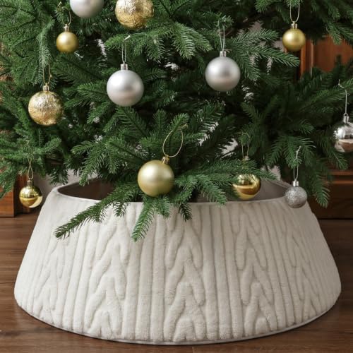 White Plush Tree Collar 28in Christmas Tree Skirt with Thick Herringbone Pattern - Bunny Chorus