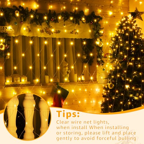 Ollny 210 LED Clear Wire Net Lights 10x7ft Outdoor Christmas Mesh Lights, 8 Modes