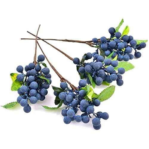 HUIANER Artificial Berries, 4pcs Artificial Blueberry with Stems Christmas Lifelike Fruits Fake Blueberries Simulation Flowers for Valentine's Day DIY Bridal Bouquet Home Decoration
