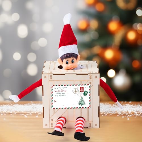 Christmas Elf Crate with Gift Card, Santa¡¯s Elf Delivery Box, Wooden Elf Holder with Name Tag Sticker Christmas Gift for Kids - Holds One Elf (Elf Not Included)