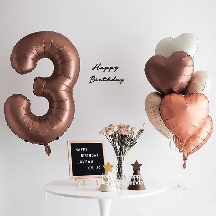 Numbers Balloon 3 - 40 Inch Large Coffee Brown Birthday Balloon for Three Year Old Decor