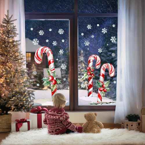 Christmas Window Clings Decor, 2 Sheets Extra Large Candy Cane Window Clings with Red Berry and Holly Leaves, Rustic Candy Snowflakes Xmas Window Stickers for Home Office Holiday Party D?cor