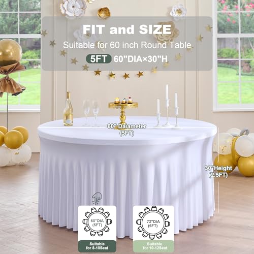 White Fitted Round Spandex Tablecloths 6 Pack for 60 Inch Tables - Wrinkle-Free, Stretchy, Elegant 5FT Cover with Skirt