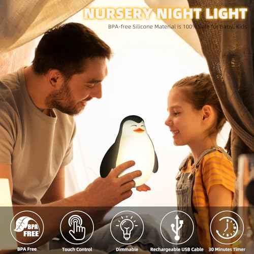 Tcamp Cute Penguin Night Light for Kids, 3 Level Dimmable Nursery Nightlight Lamp, Cute Silicone Squishy Lighted Penguin Tap Light, Rechargeable Bedside Touch Lamp for Toddler Baby