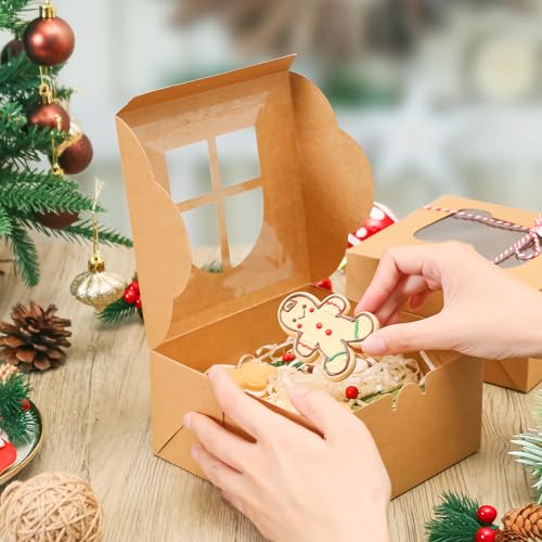 COTOPHER 30 Pcs Christmas Cookie Gift Boxes with Window, Brown, 6x6x3 Inches