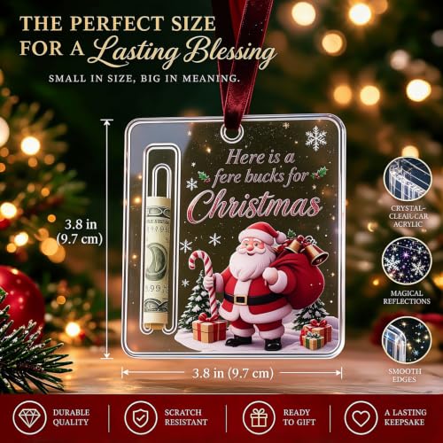 10Pcs Christmas Cash Gift Ornament - Acrylic Money Holder, Santa/Reindeer/Tree Designs, Gift Ready