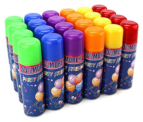 Party Streamer Spray String in a Can - 24 Assorted Colors, Kid-Friendly Fun