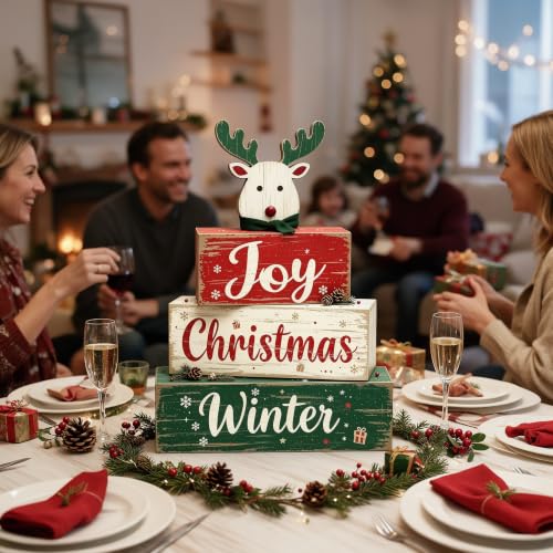 Elk Reindeer Christmas Wooden Tiered Tray Decor with Joy Winter Sign - Rustic Farmhouse Holiday Tabletop Display