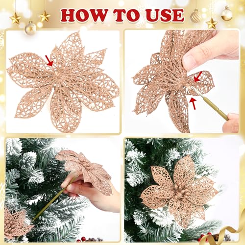 Naler 24 Pieces Christmas Glitter Poinsettia Flowers Artificial Xmas Flowers for Christmas Tree Wreaths Wedding Ornaments, Champagne, 3/4/6 Inch