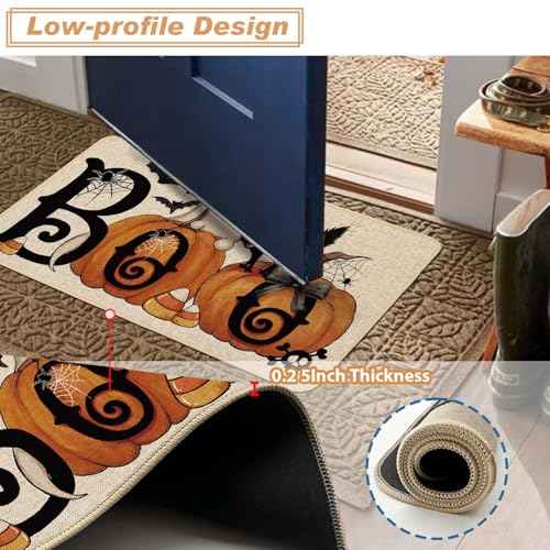 Baccessor Halloween Pumpkins Welcome Doormat 17x29 Inch, Boo Ghost Black Cat Decorative Front Door Mat Non Slip Rubber Backing Fall Seasonal Entryway Floor Decoration