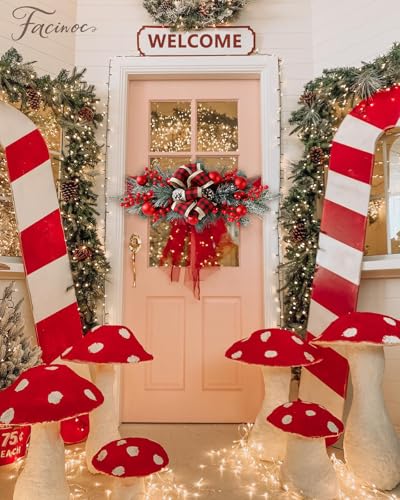 FACINOC 24 Inch Red Artificial Christmas Swag - 2 Pack Front Door Decor