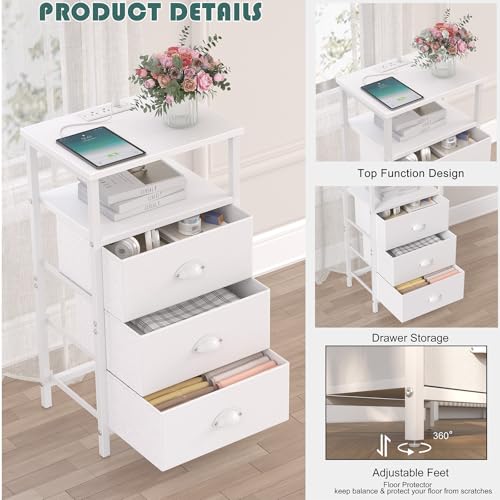 Sthmec White Nightstand with Charging Station, 3 Drawers & LED RGB Light