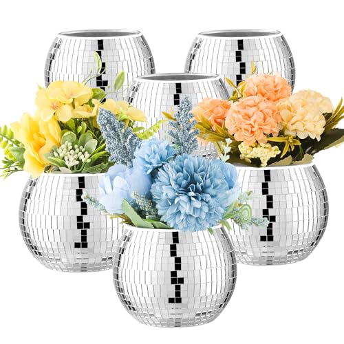 RGBDOT 6 Pack Disco Ball Vases with Silver Mirror Glass 3x4 Inches - Unique Disco Decor & Planters for Weddings & Parties