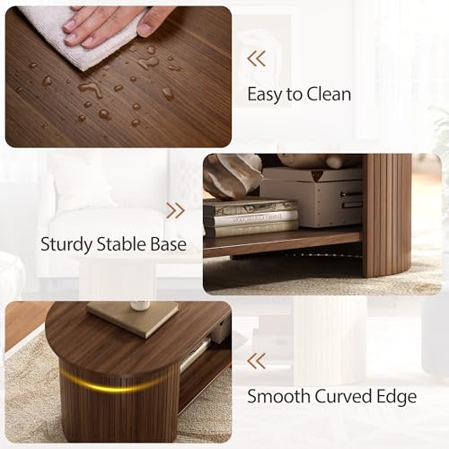 Walnut 42-Inch Oval Fluted Coffee Table with Two-Tier Storage - Mid-Century Modern Wood