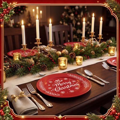 Christmas Charger Plates Set of 6 13-inch Red Beaded Holiday Dinnerware
