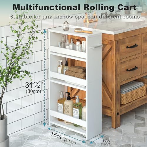 White Slim Rolling Storage Cart - Multi-Purpose Utility Kitchen Bathroom Laundry