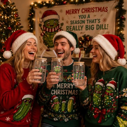 Maxdot 6 Set Christmas Pickle Glass Cups with Lids, Straws & Bags - 16 oz, Pickle Theme