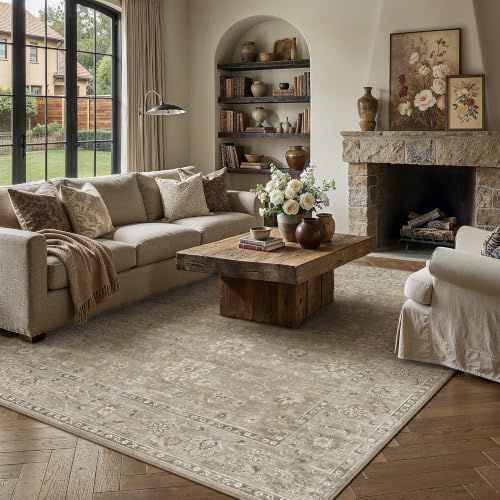 PureCozy 8x10 Brown Washable Area Rug Non Slip Vintage Carpet