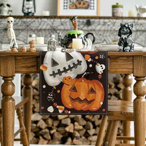 Artoid Mode Jack-O'-Lantern Pumpkins Spooky Black Halloween Table Runner, Candy Corn Kitchen Dining Table Decoration for Home Party Decor 13x108 Inch