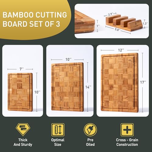 Heavy Duty Bamboo Cutting Board Set of 3 - Non Slip, Thick End Grain Kitchen Chopping Boards, Multiple Sizes