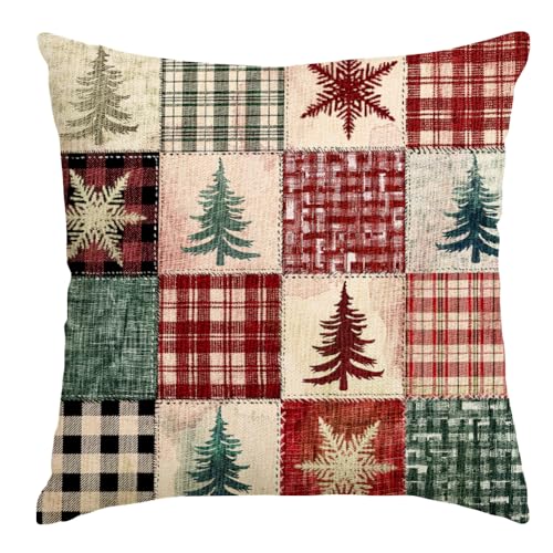 RABUSOFA Christmas Pillow Cover 18x18 Red Plaid, Invisible Zipper, 100% Polyester Linen