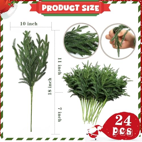 24 Pcs Artificial Christmas Pine Branches - Natural Droopy, Lush & Bendable Holiday Decor
